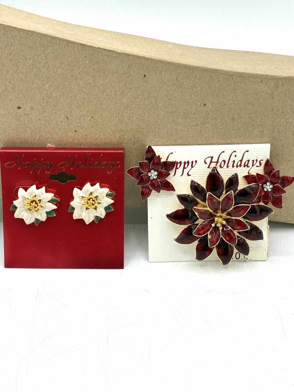 Vintage Christmas Poinsettia Jewelry Lot Earrings Brooch Red White Holiday NOS